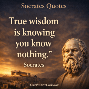Socrates quote “True wisdom is knowing you know nothing” with Athens background and Socrates bust