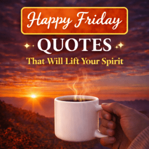 Happy Friday quotes image with a coffee mug at sunrise