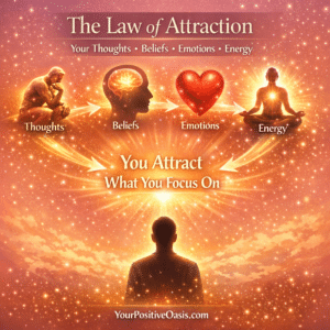Law of Attraction infographic showing how thoughts, beliefs, emotions, and energy create reality.